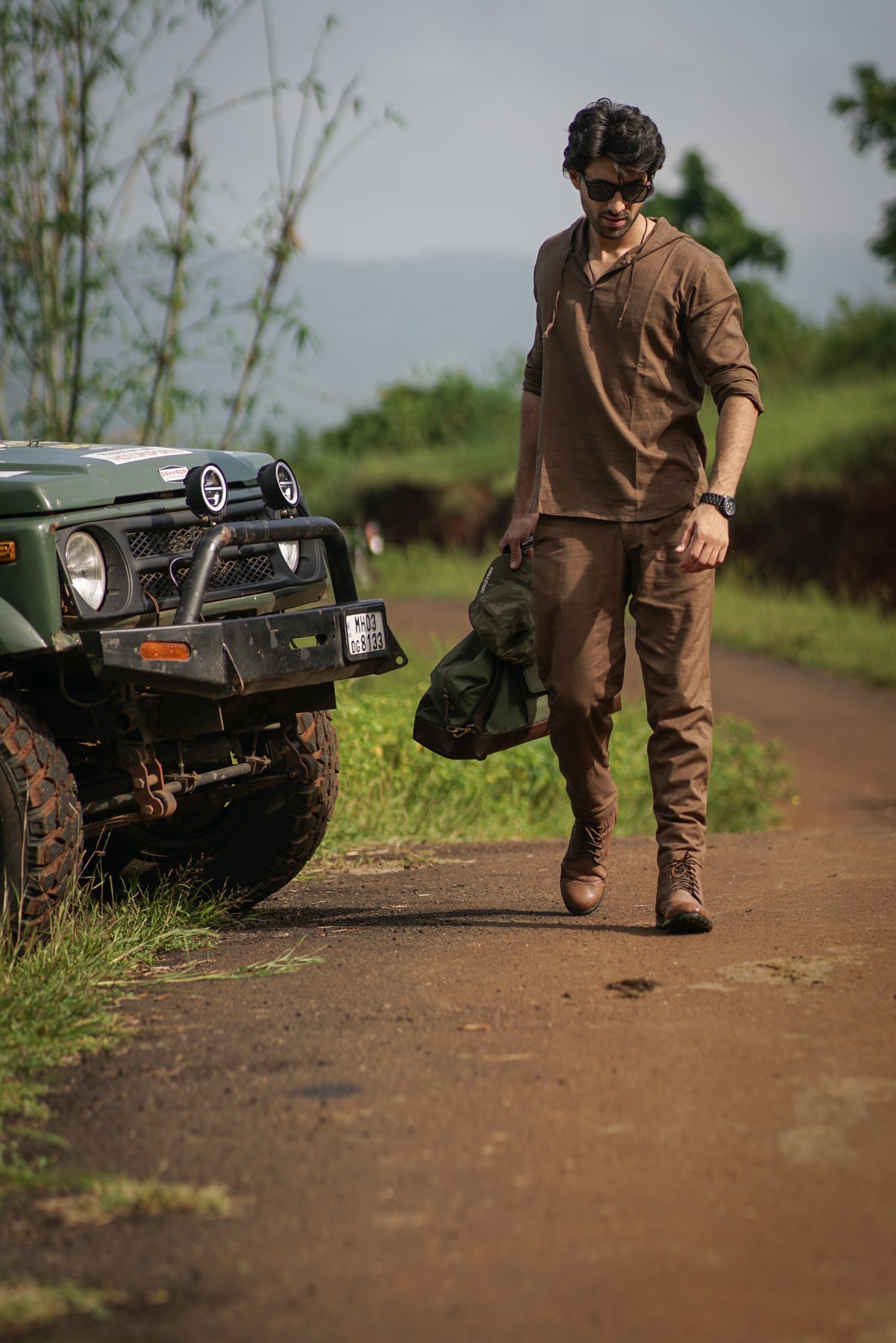 Woodland Escape Hoodie Shirt | Deep Brown Cotton Slub with Drawstring & Zip Enclosure