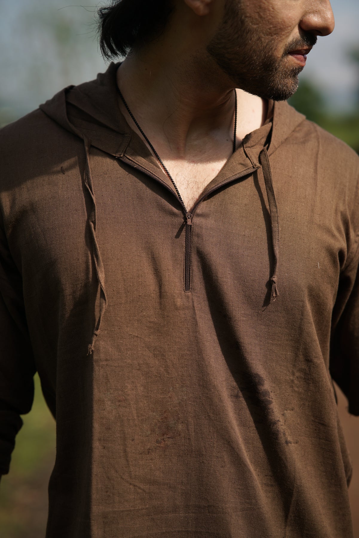 Woodland Escape Hoodie Shirt | Deep Brown Cotton Slub with Drawstring & Zip Enclosure