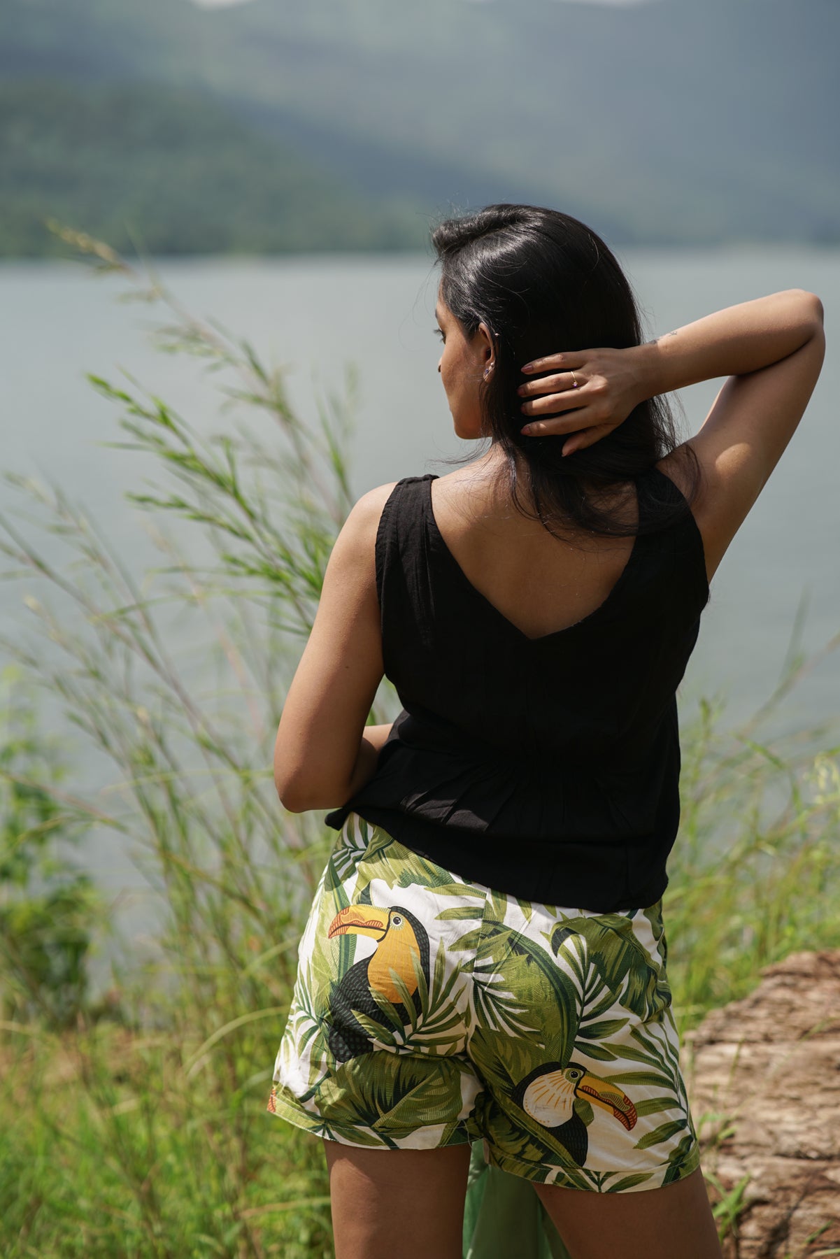 Bella-Jungle Print Dress Set | Loose-Fit Suncoat Shirt, V-Neck Top, and Twill Shorts