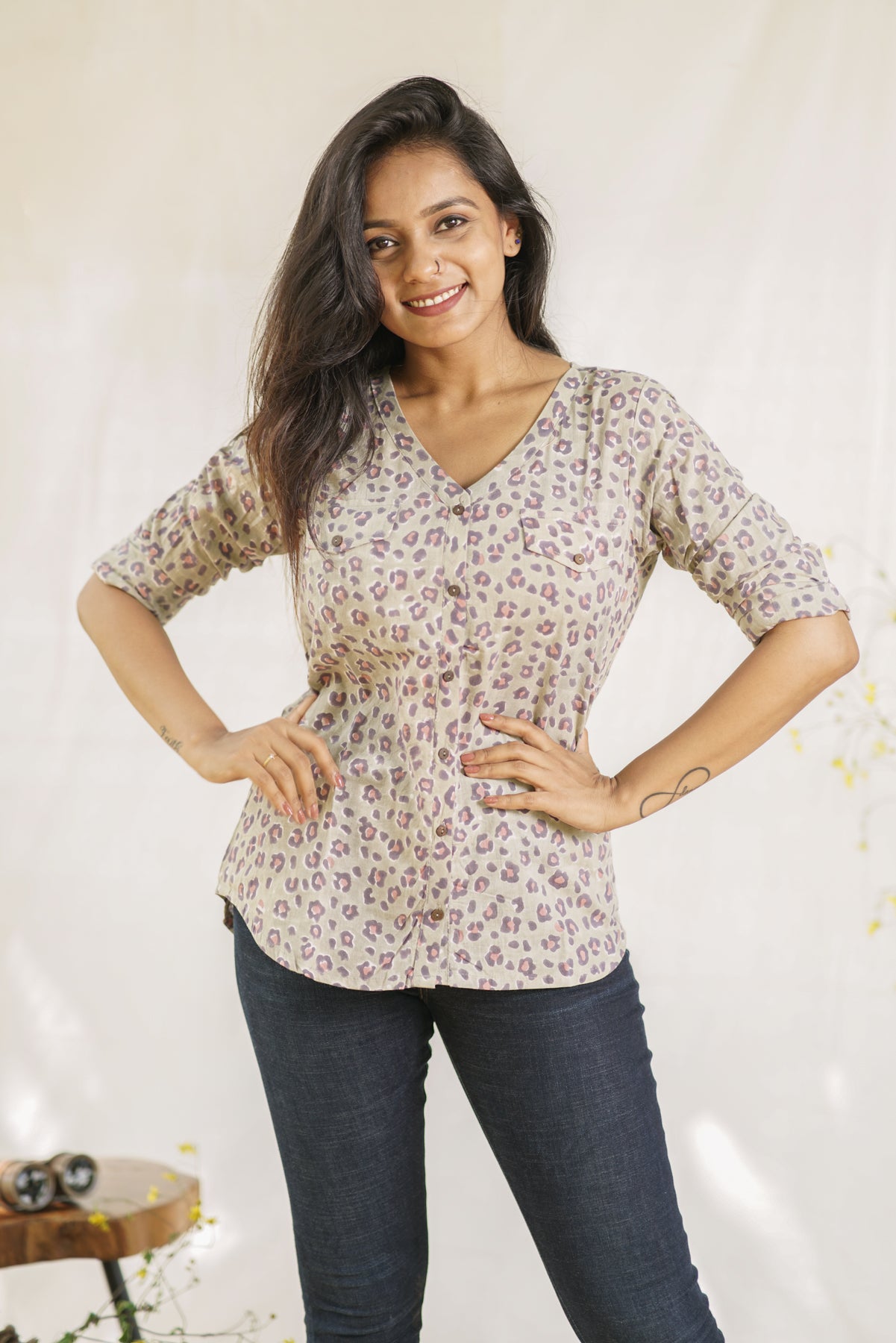 Cara-Cheetah Block Print Women's Shirt | Wild Elegance with V Neckline