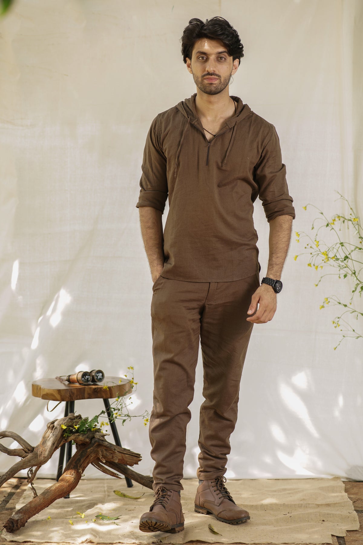 Rex-Woodland Escape Hoodie Shirt | Deep Brown Cotton Slub with Drawstring & Zip Enclosure