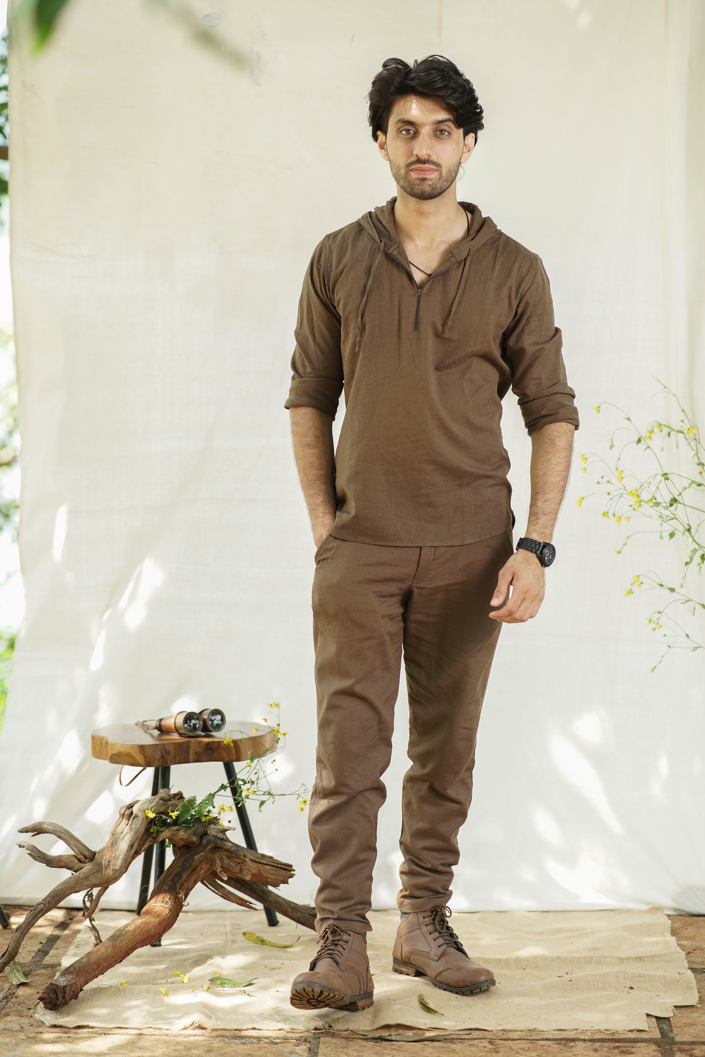 Theo- Woodland Escape Cotton Slub Trousers | Deep Brown