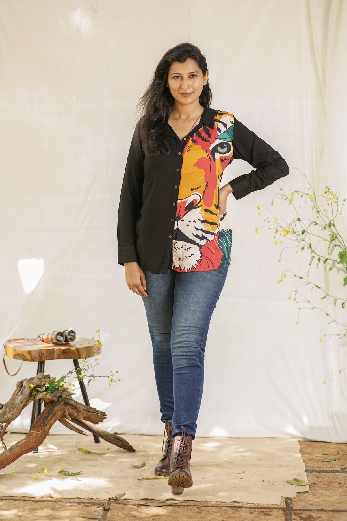 One Side Tiger- Bold Tiger Print Women's Shirt | Urban & Jungle Statement Piece(Black)