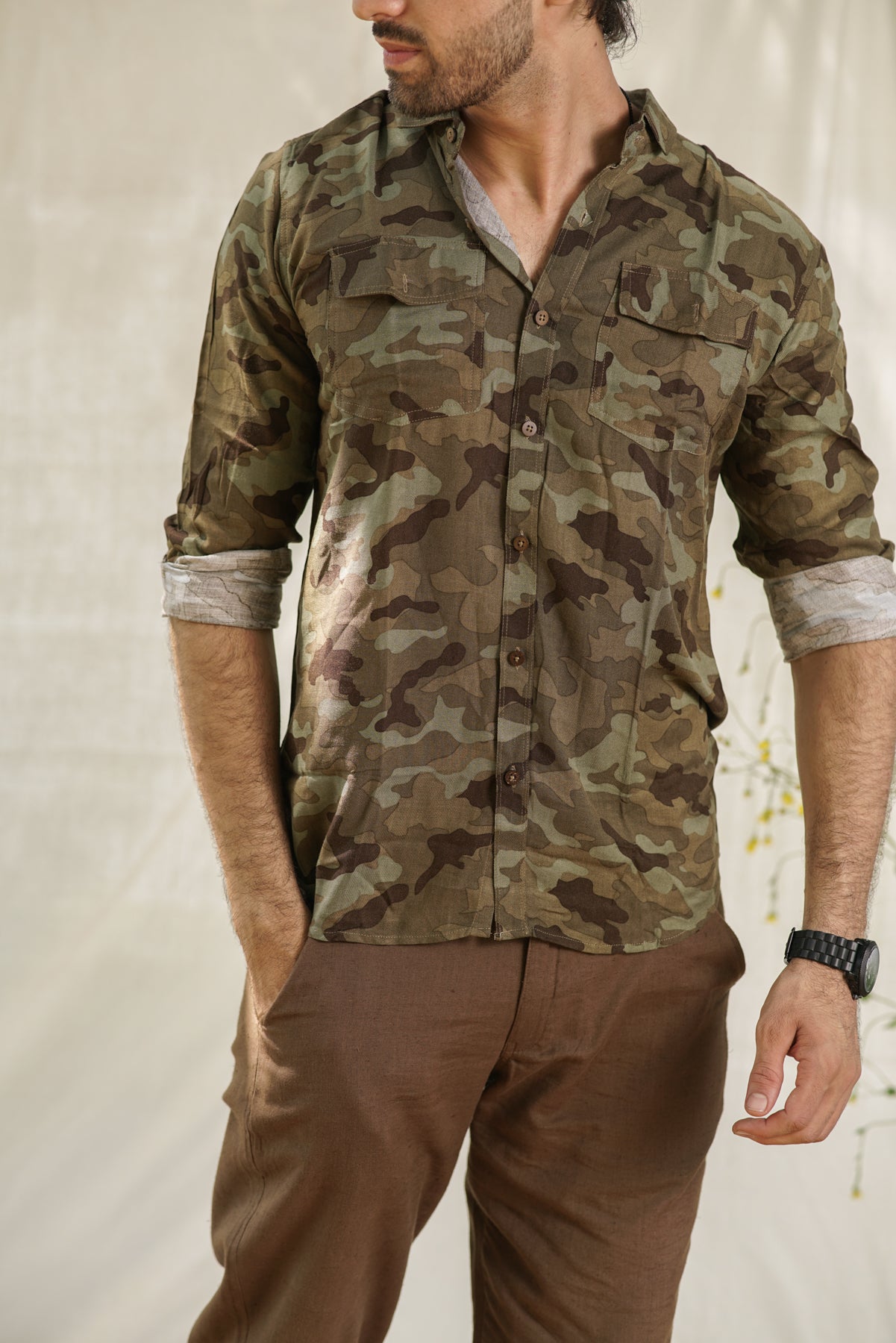 Camouflage Printed Full Sleeves Shirt | Comfort Fit with Flap Pockets for Versatile Style