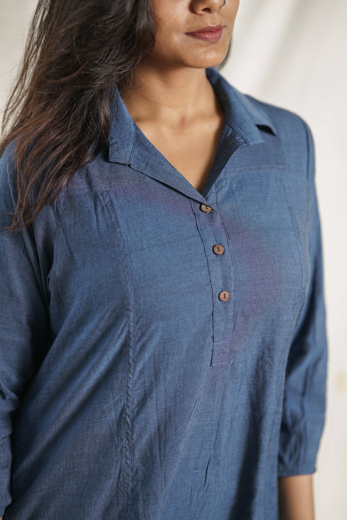 Hazel- Ocean Breeze Shirt Dress | Blue Handloom Cotton with Wooden Buttons