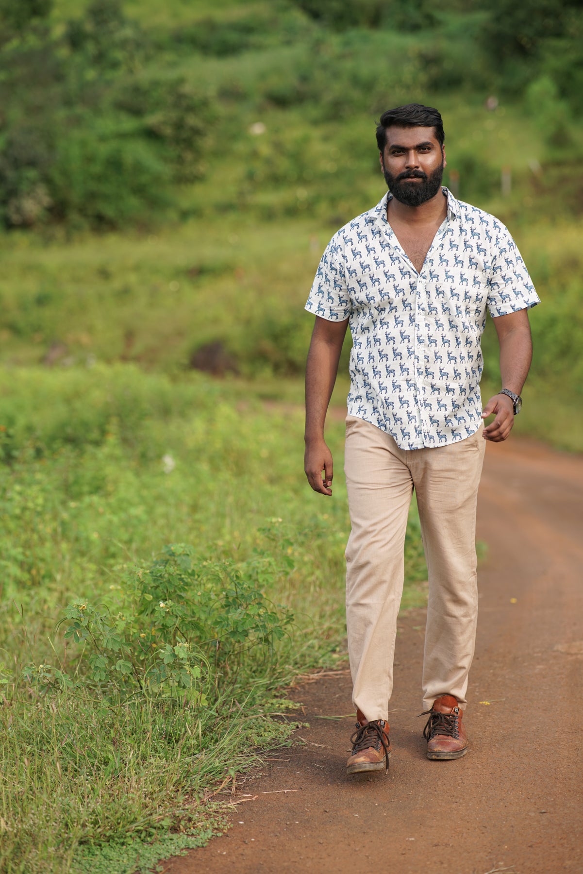 David | Blue Deer Print Shirt| Half Sleeve | Jungle Inspired Style for Adventurer's
