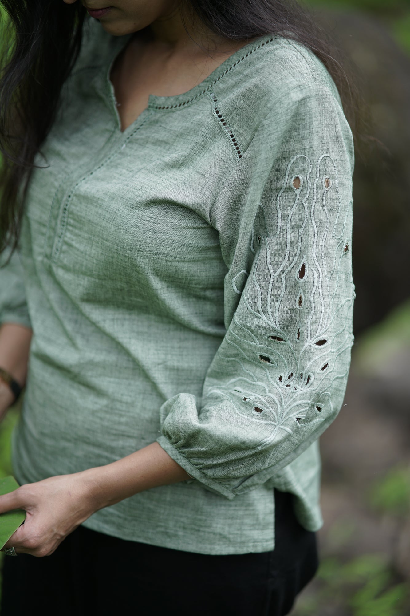 Gloria-Sage Green Cutwork Top