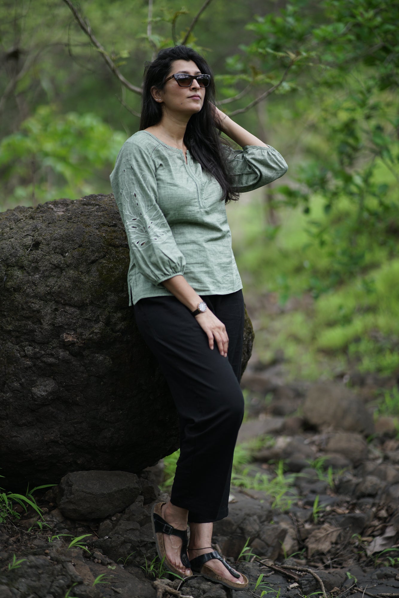 Gloria-Sage Green Cutwork Top