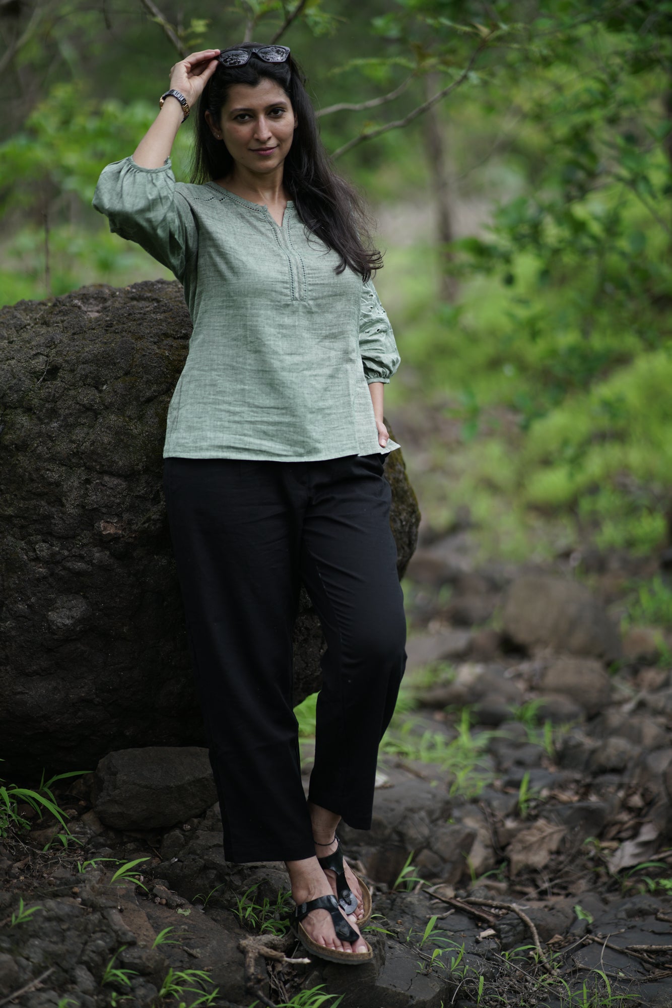 Gloria-Sage Green Cutwork Top