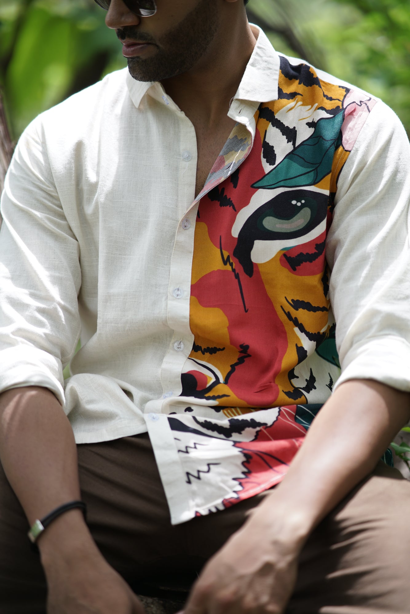 One Side Tiger- Bold Tiger Print Full Sleeve Shirt (White)