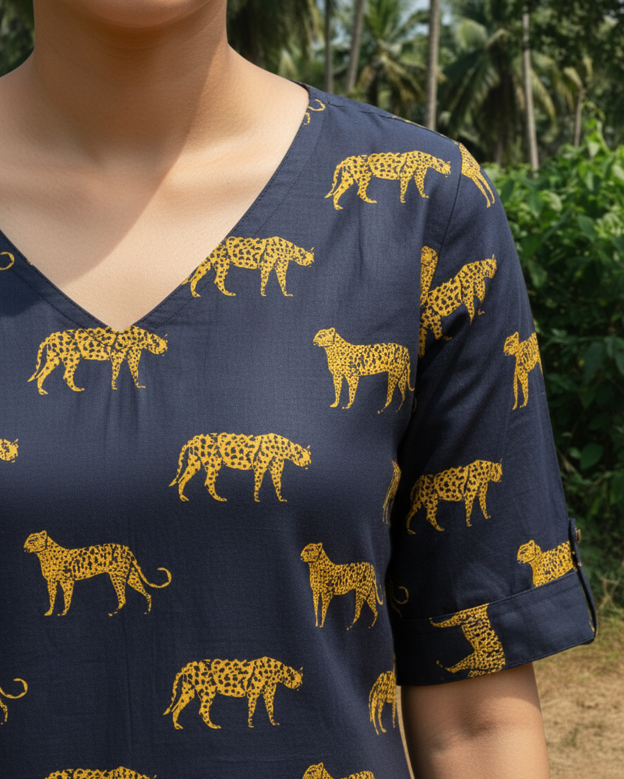 Imogen Leopard Print Cotton Dress | Knee-Length with Pockets & Side Slit