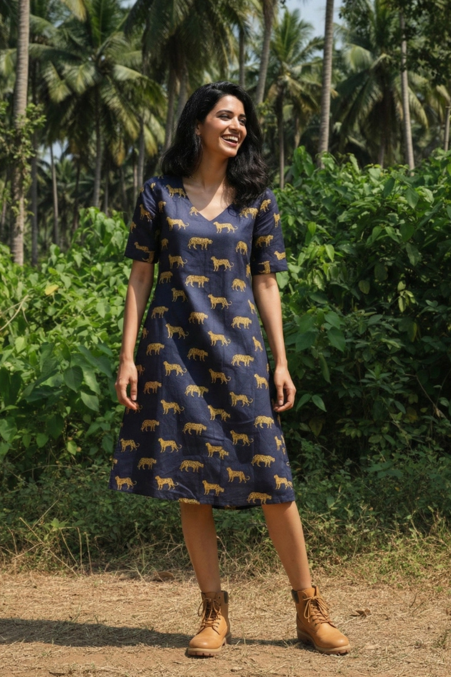 Imogen Leopard Print Cotton Dress | Knee-Length with Pockets & Side Slit