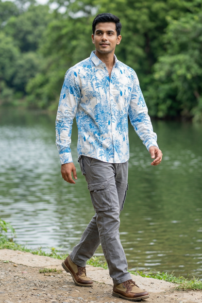 Oceania I White and Blue Toil Print Cotton Shirt
