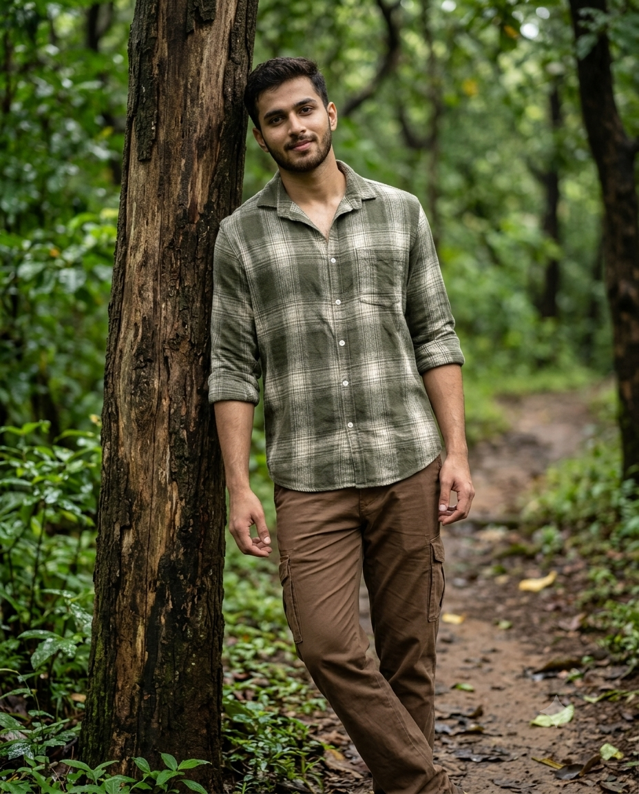 Men’s Olive Green Full-Sleeve Cotton Checked Shirt