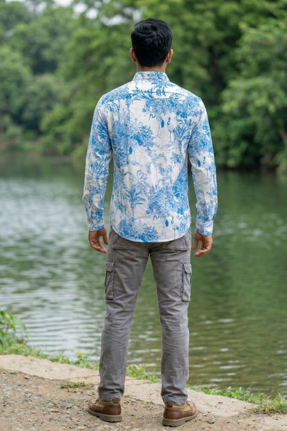 Oceania I White and Blue Toil Print Cotton Shirt
