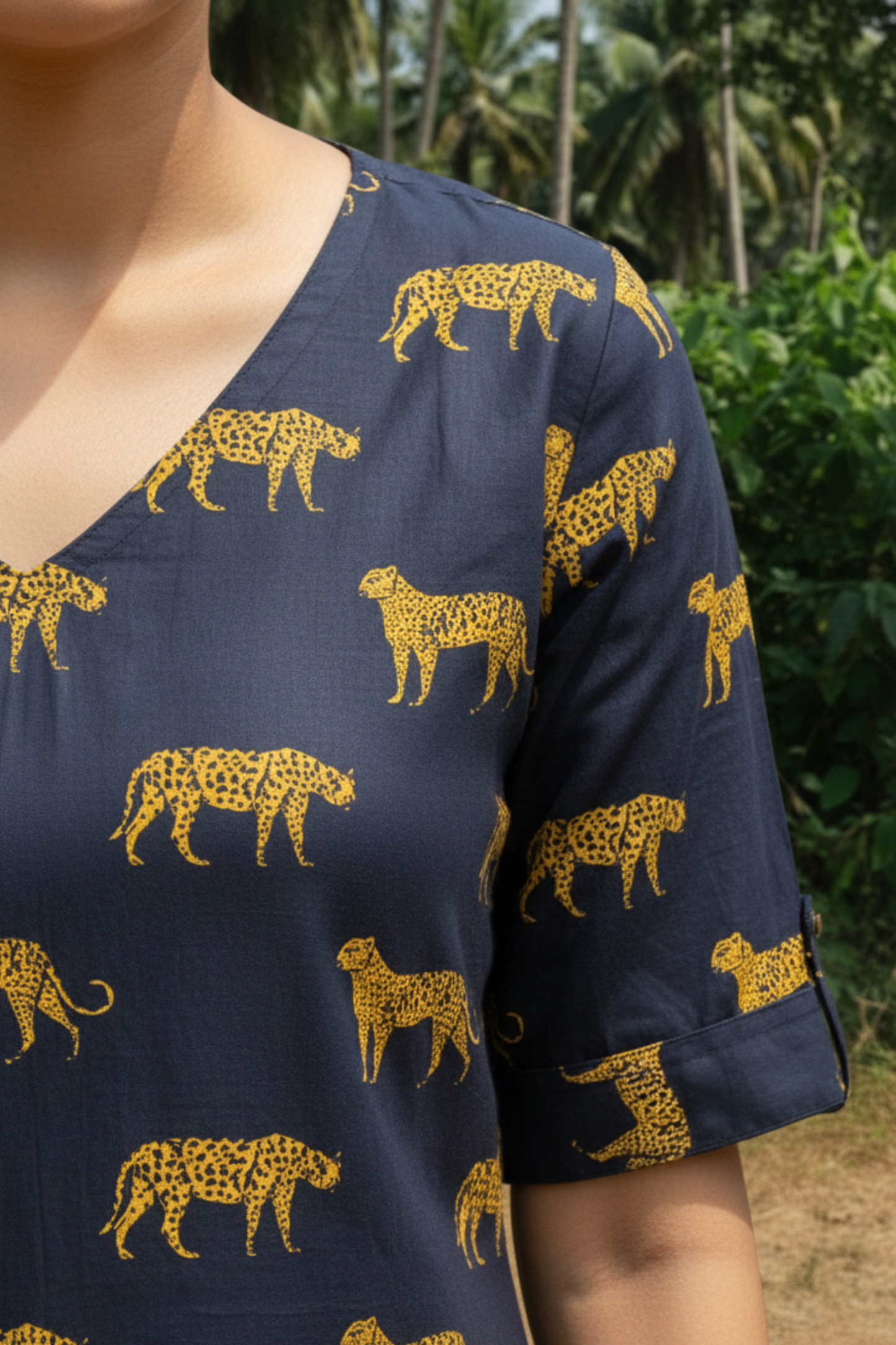 Imogen Leopard Print Cotton Dress | Knee-Length with Pockets & Side Slit