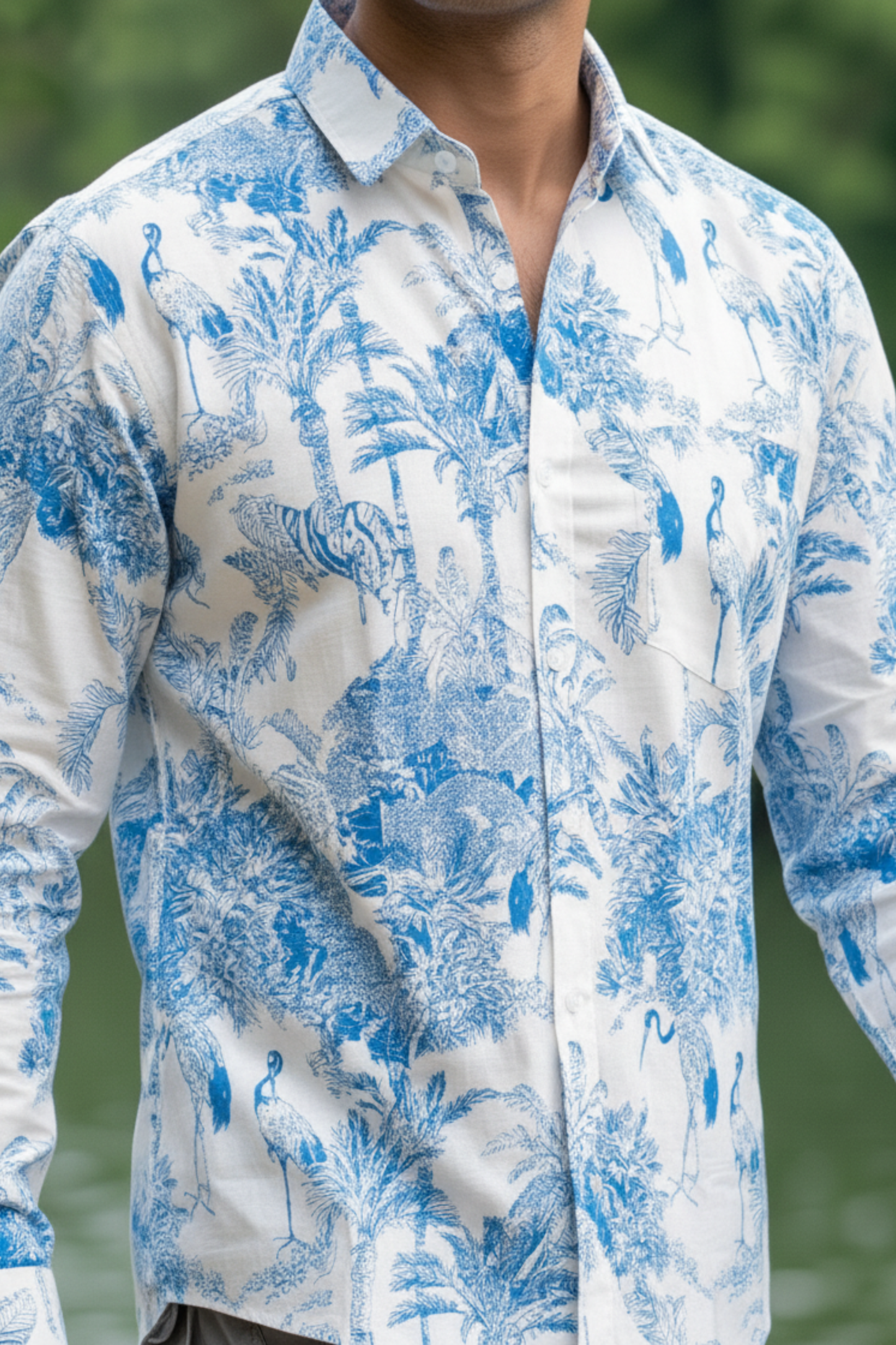 Oceania I White and Blue Toil Print Cotton Shirt