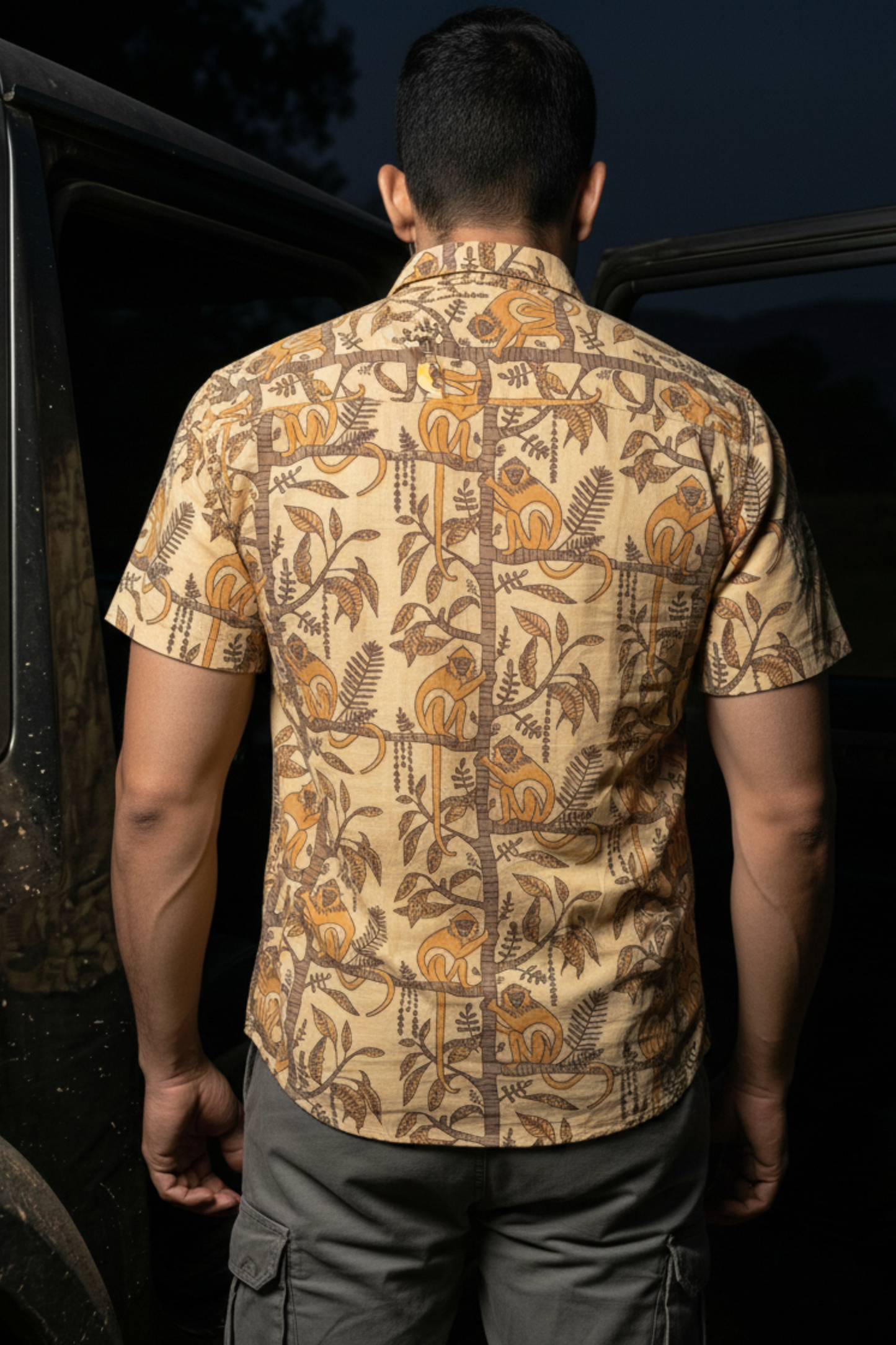 Mischief Monkey I Men's Cotton Rustic Brown Monkey Print Shirt