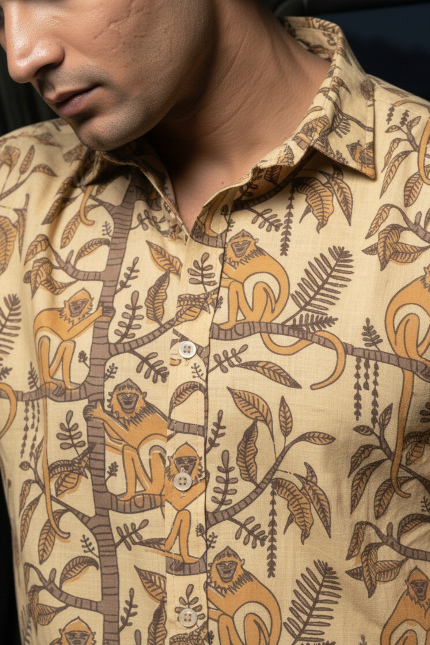 Mischief Monkey I Men's Cotton Rustic Brown Monkey Print Shirt