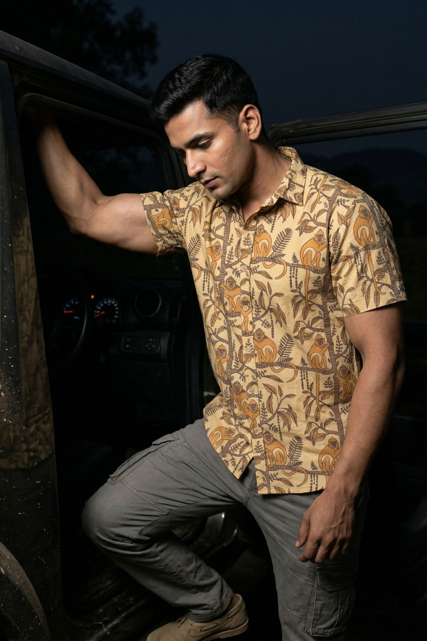 Mischief Monkey I Men's Cotton Rustic Brown Monkey Print Shirt