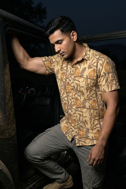 Mischief Monkey I Men's Cotton Rustic Brown Monkey Print Shirt