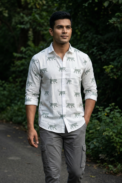 Green tiger I Men's Cotton Tiger Print Shirt