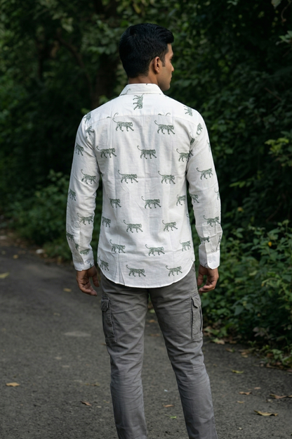 Green tiger I Men's Cotton Tiger Print Shirt