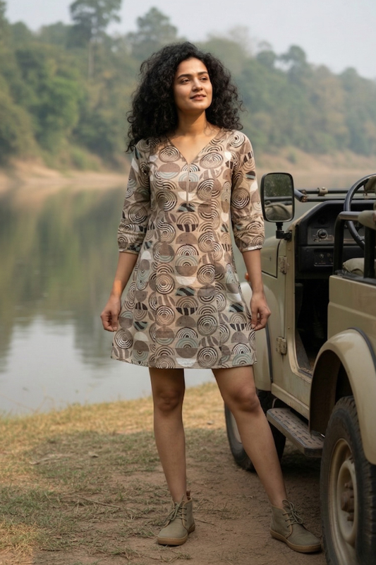 Aria I Rayon Beige Geometrical Print Midi Dress
