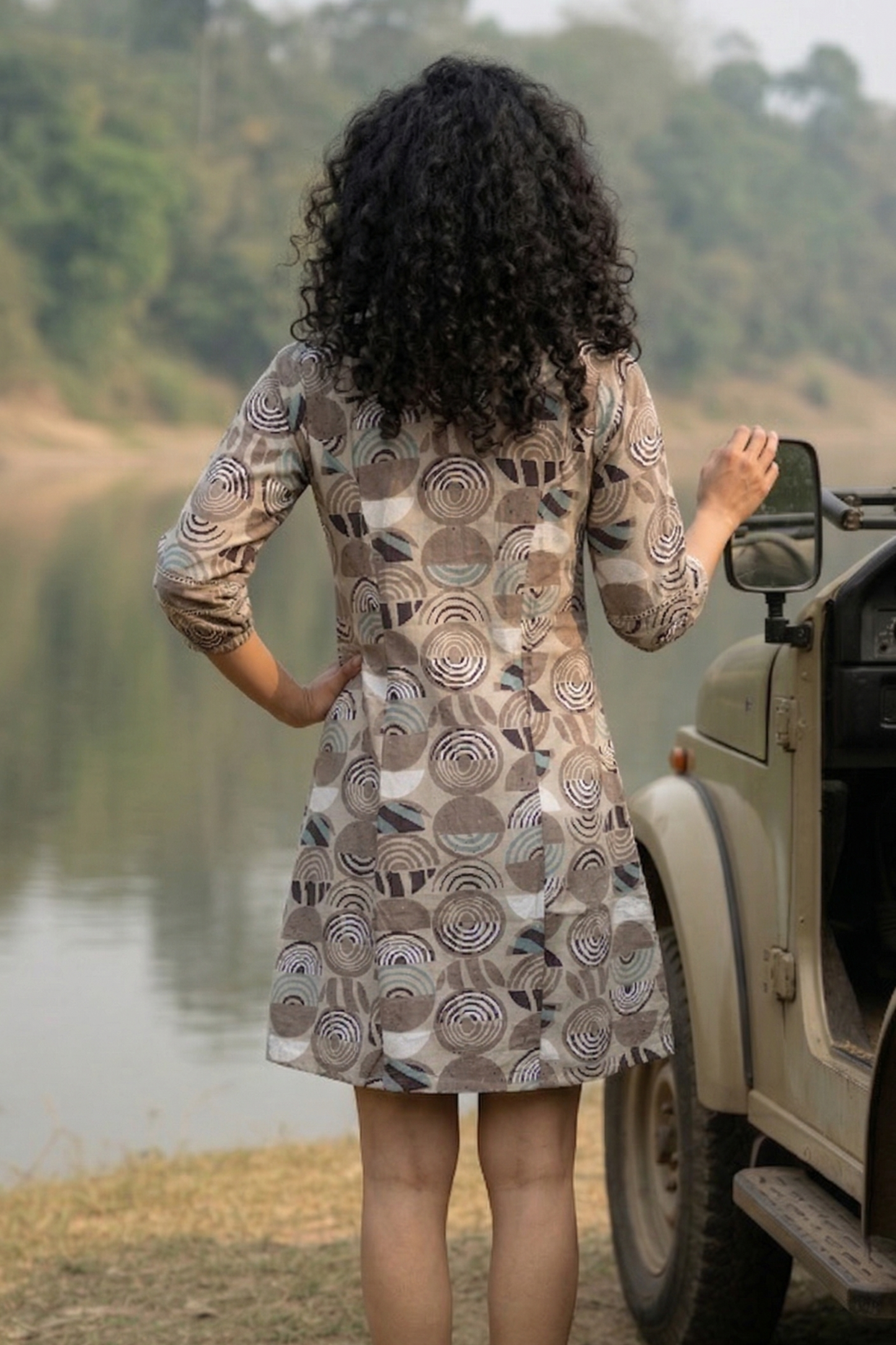 Aria I Rayon Beige Geometrical Print Midi Dress