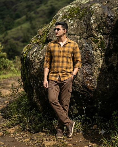 Men’s Mustard coloured Full-Sleeve Cotton Checked Shirt