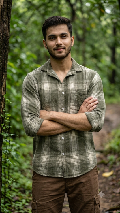 Men’s Olive Green Full-Sleeve Cotton Checked Shirt