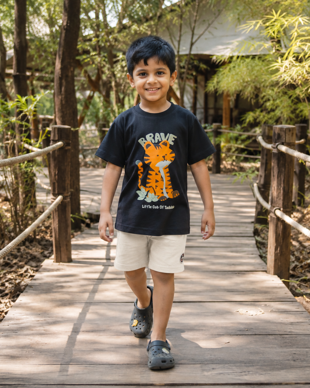 Black Brave Tiger Graphic Cotton T-Shirt for Kids