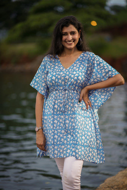 Hand Block Printed Cotton Kaftan | V-Neck Dress with Tassels and Drawstring