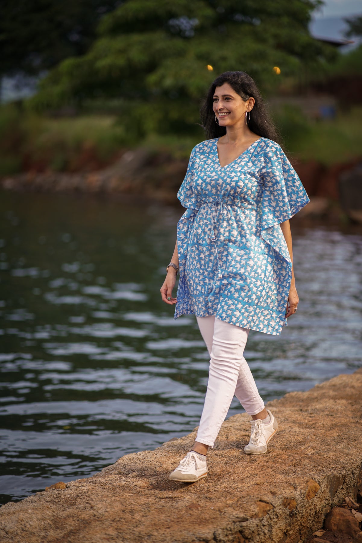 Hand Block Printed Cotton Kaftan | V-Neck Dress with Tassels and Drawstring