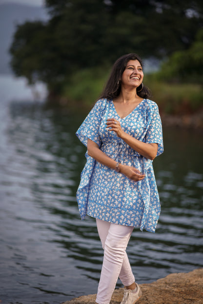 Hand Block Printed Cotton Kaftan | V-Neck Dress with Tassels and Drawstring