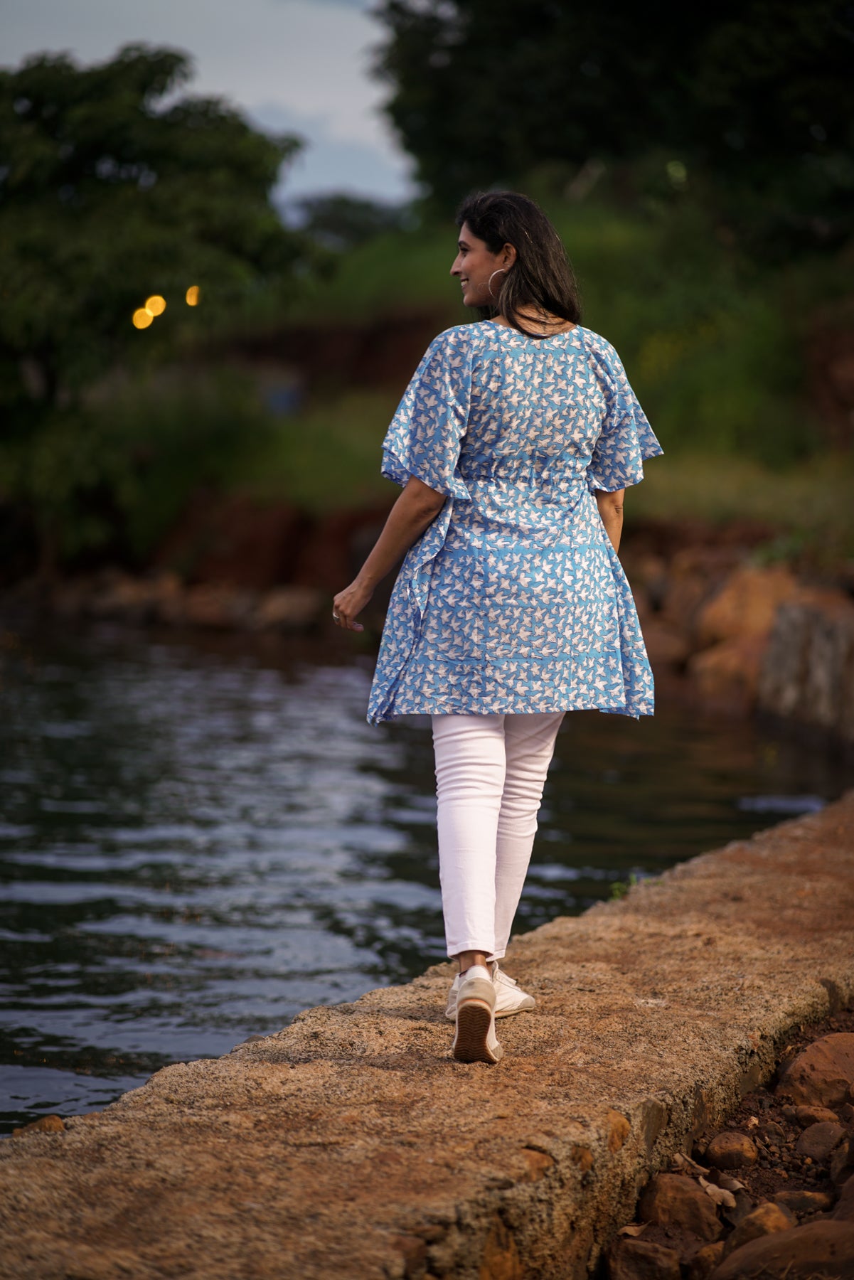 Hand Block Printed Cotton Kaftan | V-Neck Dress with Tassels and Drawstring