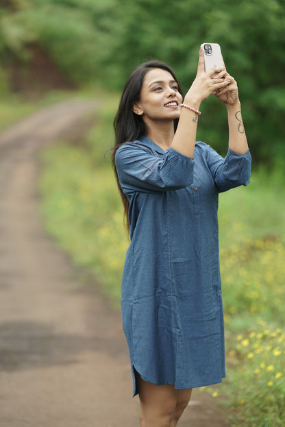 Ocean Breeze Shirt Dress | Blue Handloom Cotton with Wooden Buttons