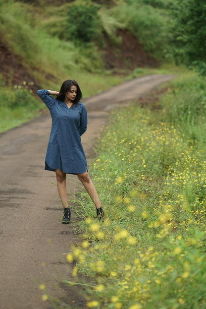 Ocean Breeze Shirt Dress | Blue Handloom Cotton with Wooden Buttons