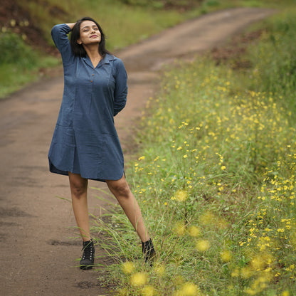 Ocean Breeze Shirt Dress | Blue Handloom Cotton with Wooden Buttons