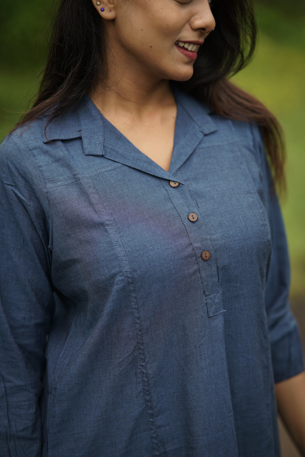 Ocean Breeze Shirt Dress | Blue Handloom Cotton with Wooden Buttons