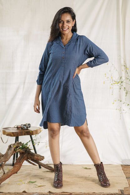 Ocean Breeze Shirt Dress | Blue Handloom Cotton with Wooden Buttons