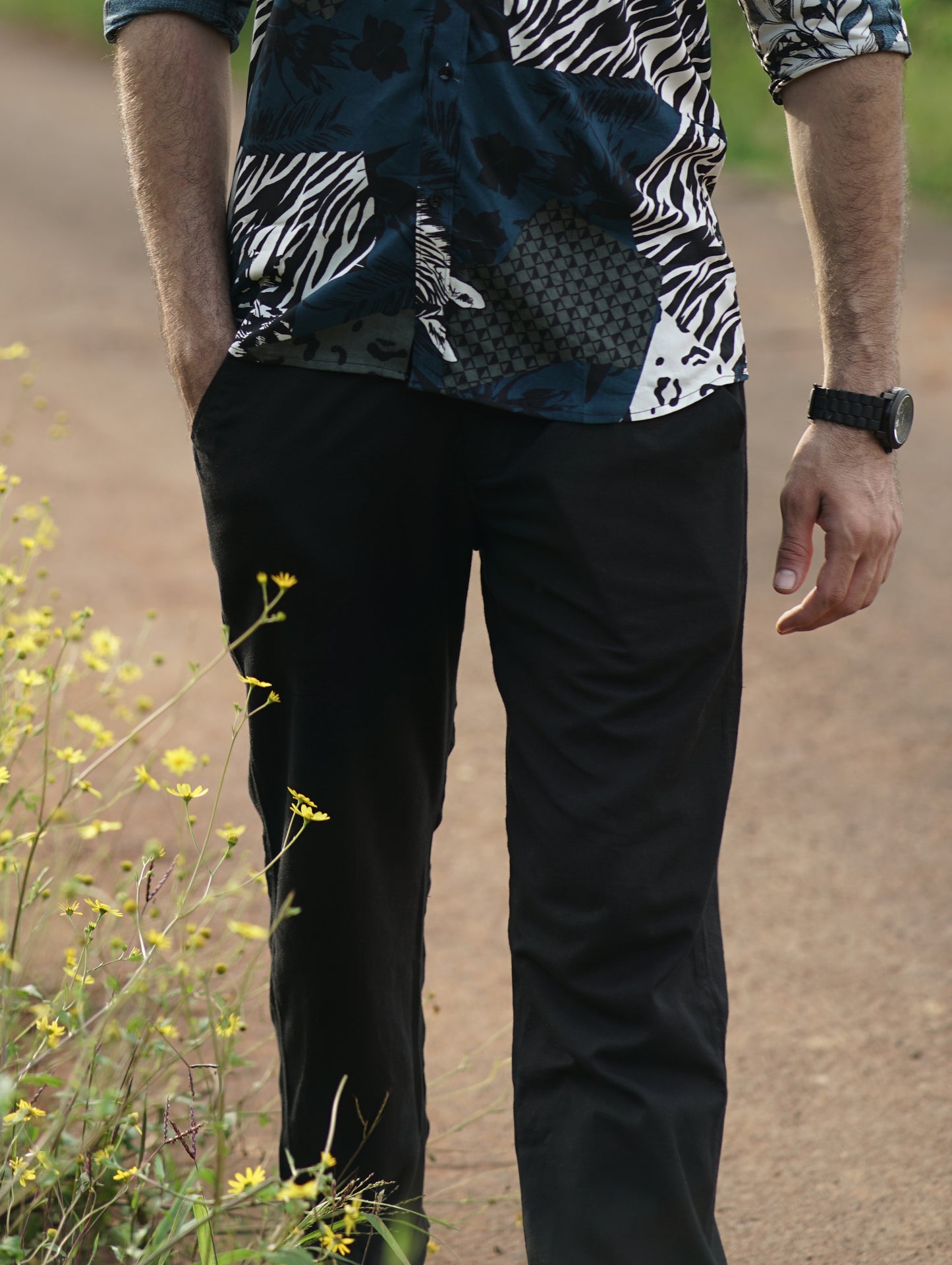 Woodland Escape Cotton Slub Trousers | Black