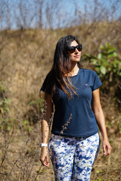 Printed Cotton Lycra Leggings | Blue on White