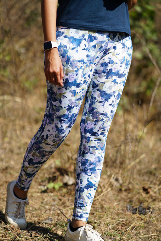 Printed Cotton Lycra Leggings | Blue on White