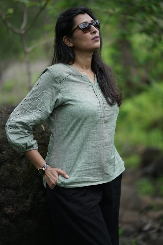 Gloria-Sage Green Cutwork Top