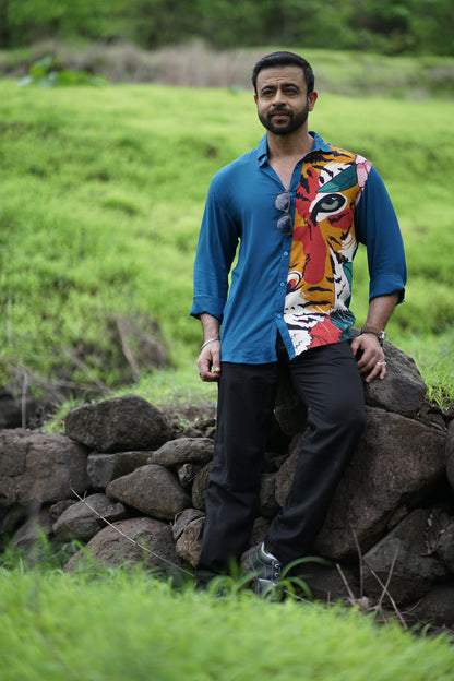 Bold Tiger Print Full Sleeve Shirt (Blue)