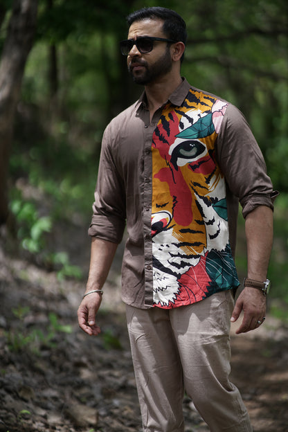 Bold Tiger Print Full Sleeve Shirt (Brown)