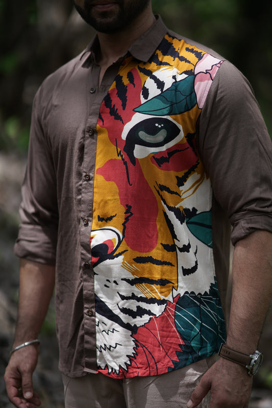 Bold Tiger Print Full Sleeve Shirt (Brown)