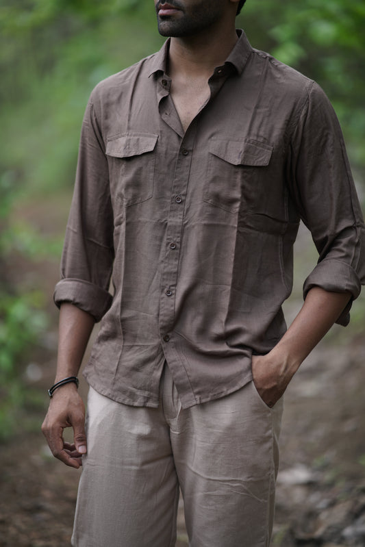 Earth Brown Textured Handloom Cotton Shirt