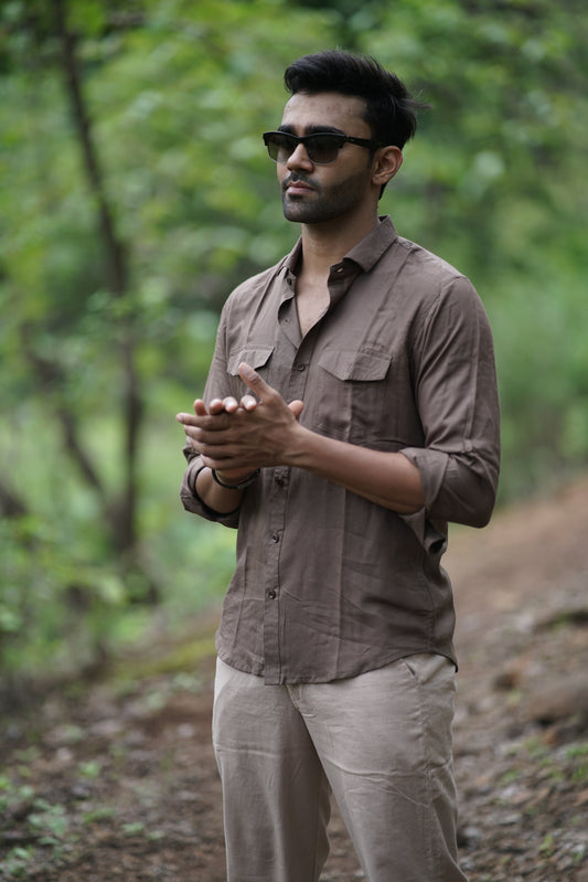 Alfred-Earth Brown Textured Handloom Cotton Shirt